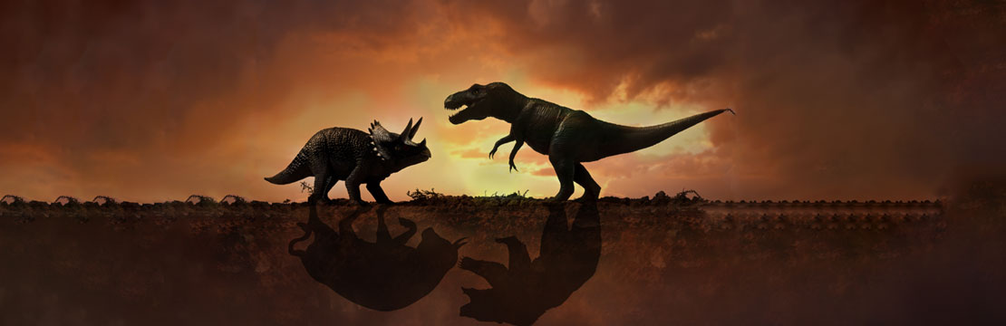 Two dinosaurs square off; their shadows display as a bull and bear